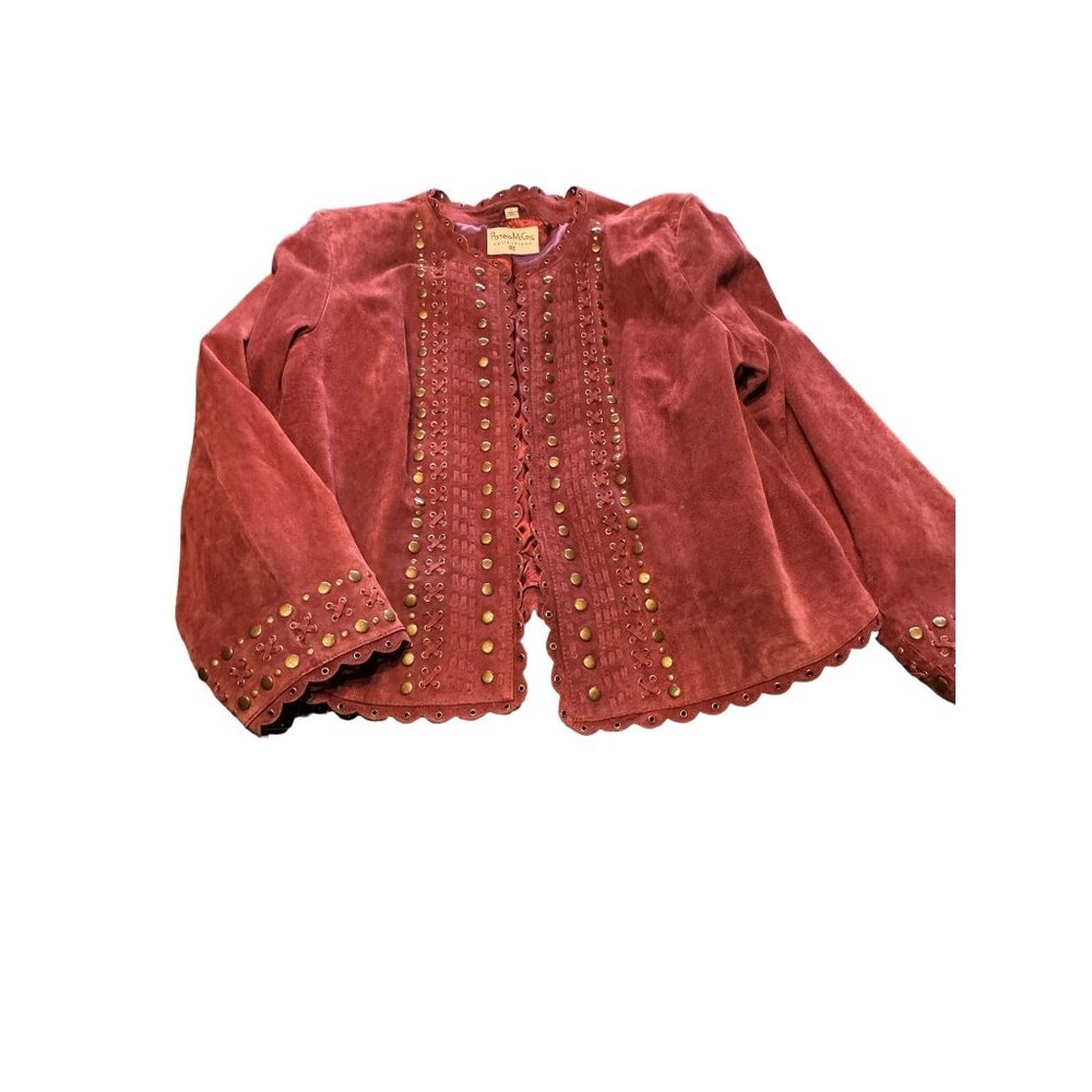 Pamela McCoy 2X Burgundy Leather Jacket With Studded Embellishments & Satin Lini